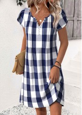 Blue dresses,Plaid dresses,Geometric dresses,Everyday dresses,Casual dresses,ROTITA Plaid Blue Short Split Neck Dress