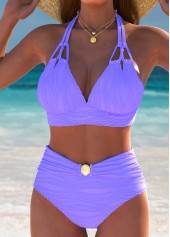 Purple swimwear,Plain Color swimwear,ROTITA Purple Mid Waisted Patchwork Bikini Set