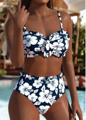 Blue swimwear,Floral swimwear,Plants swimwear,ROTITA Blue Floral Print Mid Waisted Bikini Set