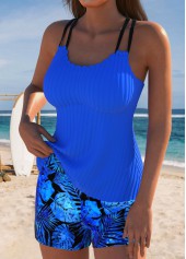 Blue swimwear,Plants swimwear,ROTITA Blue Leaf Print Mid Waisted Tankini Set