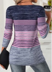 Purple tops,Striped tops,Geometric tops,ROTITA Striped Purple Round Neck Long Sleeve T Shirt