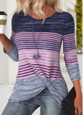 Purple tops,Striped tops,Geometric tops,ROTITA Striped Purple Round Neck Long Sleeve T Shirt