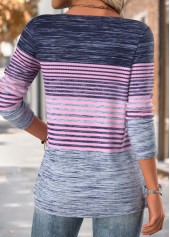 Purple tops,Striped tops,Geometric tops,ROTITA Striped Purple Split Neck Long Sleeve T Shirt