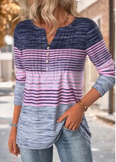 Purple tops,Striped tops,Geometric tops,ROTITA Striped Purple Split Neck Long Sleeve T Shirt