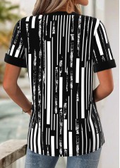 Black tops,Geometric tops,ROTITA Geometric Print Black Split Neck Short Sleeve Blouse
