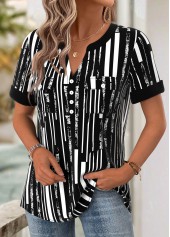 Black tops,Geometric tops,ROTITA Geometric Print Black Split Neck Short Sleeve Blouse
