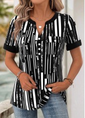 ROTITA Geometric Print Black Split Neck Short Sleeve Blouse