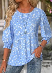 Rotita – Blaue Bluse mit Rundhalsausschnitt und 3/4-Ärmeln und kleinem Blumenmuster