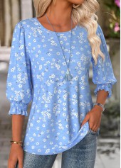 Blue tops,Ditsy Floral tops,ROTITA Ditsy Floral Print Blue Round Neck 3/4 Sleeve Blouse