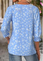 Blue tops,Ditsy Floral tops,ROTITA Ditsy Floral Print Blue Round Neck 3/4 Sleeve Blouse