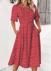 Red dresses,Dot dresses,Everyday dresses,Casual dresses,ROTITA Polka Dot Red Round Neck Short Sleeve Dress