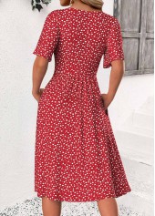 Red dresses,Dot dresses,Everyday dresses,Casual dresses,ROTITA Polka Dot Red Round Neck Short Sleeve Dress