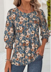 Multi Color tops,Floral tops,Plants tops,ROTITA Floral Print Multi Color Round Neck 3/4 Sleeve Blouse