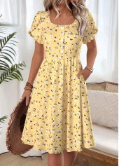 ROTITA Ditsy Floral Print Yellow Boat Neck Short Sleeve Dress