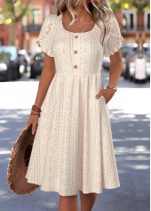 Beige dresses,Plain Color dresses,Everyday dresses,Casual dresses,ROTITA Beige Boat Neck Short Sleeve Dress