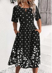 Black dresses,Dot dresses,Everyday dresses,Casual dresses,ROTITA Polka Dot Black Round Neck Half Sleeve Dress