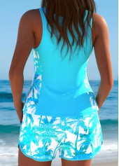 Cyan swimwear,Plants swimwear,ROTITA Cyan Tropical Plants Print Mid Waisted Tankini Set
