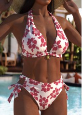 Hot Pink swimwear,Floral swimwear,Plants swimwear,ROTITA Hot Pink Floral Print High Waisted Bikini Set