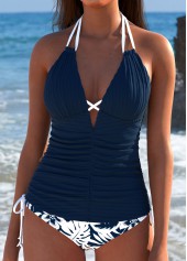 Navy swimwear,Plants swimwear,ROTITA Navy Tropical Plants Print High Waisted Tankini Set