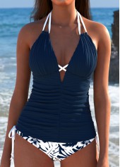 Marineblaues Rotita-Tankini-Set mit tropischem Pflanzendruck und hoher Taille