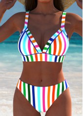 Multi Color swimwear,Striped swimwear,Geometric swimwear,ROTITA Multi Color Striped High Waisted Bikini Set
