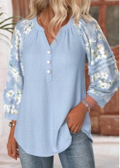 Blue tops,Floral tops,Plants tops,ROTITA Floral Print Blue Split Neck 3/4 Sleeve Blouse