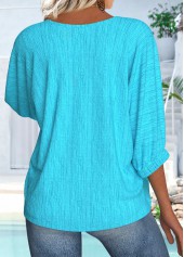 Cyan tops,Plain Color tops,ROTITA Cyan Round Neck 3/4 Sleeve Blouse