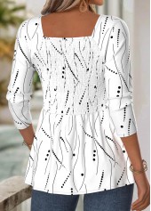 White tops,Geometric tops,ROTITA Geometric Print White Square Neck Long Sleeve Blouse