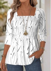ROTITA Geometric Print White Square Neck Long Sleeve Blouse