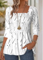 White tops,Geometric tops,ROTITA Geometric Print White Square Neck Long Sleeve Blouse