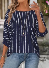 Rotita – Marineblaues T-Shirt mit U-Boot-Ausschnitt und 3/4-Ärmeln