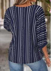 Navy tops,Geometric tops,ROTITA Geometric Print Navy Boat Neck 3/4 Sleeve T Shirt