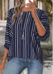 Navy tops,Geometric tops,ROTITA Geometric Print Navy Boat Neck 3/4 Sleeve T Shirt