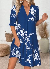 Navy dresses,Floral dresses,Plants dresses,Everyday dresses,Casual dresses,ROTITA Floral Print Navy Short Split Neck Half Sleeve Dress