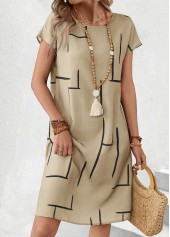 Light Camel dresses,Geometric dresses,Everyday dresses,Casual dresses,ROTITA Geometric Print Light Camel Round Neck Short Sleeve Dress