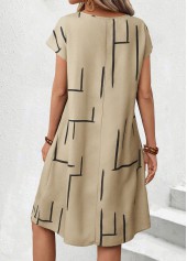 Light Camel dresses,Geometric dresses,Everyday dresses,Casual dresses,ROTITA Geometric Print Light Camel Round Neck Short Sleeve Dress