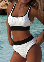 White swimwear,Contrast Color swimwear,ROTITA Mid Waisted White Scoop Neck Bikini Set