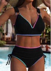 Black swimwear,Plain Color swimwear,ROTITA Black High Waisted Circular Ring Bikini Set