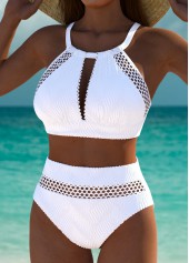 White swimwear,Plain Color swimwear,ROTITA White Mid Waisted Hollow Out Bikini Set