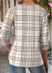 Light Camel tops,Plaid tops,Geometric tops,ROTITA Plaid Light Camel Round Neck 3/4 Sleeve Blouse