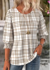 Light Camel tops,Plaid tops,Geometric tops,ROTITA Plaid Light Camel Round Neck 3/4 Sleeve Blouse