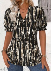 Black tops,Geometric tops,ROTITA Geometric Print Black Stand Collar Short Sleeve Blouse