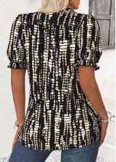 Black tops,Geometric tops,ROTITA Geometric Print Black Stand Collar Short Sleeve Blouse