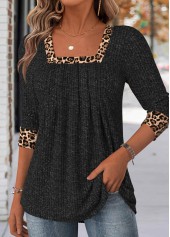 Black tops,Leopard tops,Animal Print tops,ROTITA Leopard Black Square Neck Long Sleeve T Shirt