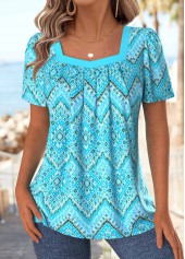 Rotita – T-Shirt mit geometrischem Print und quadratischem Ausschnitt in Cyan