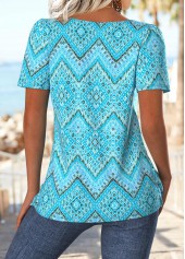 Cyan tops,Geometric tops,ROTITA Geometric Print Cyan Square Neck Short Sleeve T Shirt