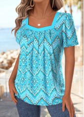 Cyan tops,Geometric tops,ROTITA Geometric Print Cyan Square Neck Short Sleeve T Shirt