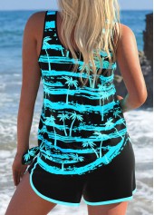 Black swimwear,Plants swimwear,ROTITA Black Tropical Plants Print Mid Waisted Tankini Set