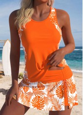 ROTITA Orange Leaf Print Mid Waisted Tankini Set
