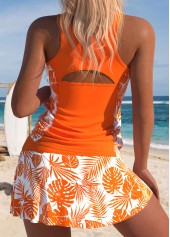 Orange swimwear,Plants swimwear,ROTITA Orange Leaf Print Mid Waisted Tankini Set